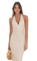 Crinkle Shimmer V-Neck Maxi Dress in Champagne