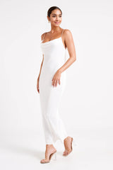 Cowl Midi Dress With Pearl Trim - White