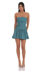Strapless Ruched Flare Dress in Blue Teal