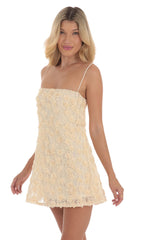 Textured Floral Square Neck Dress in Cream