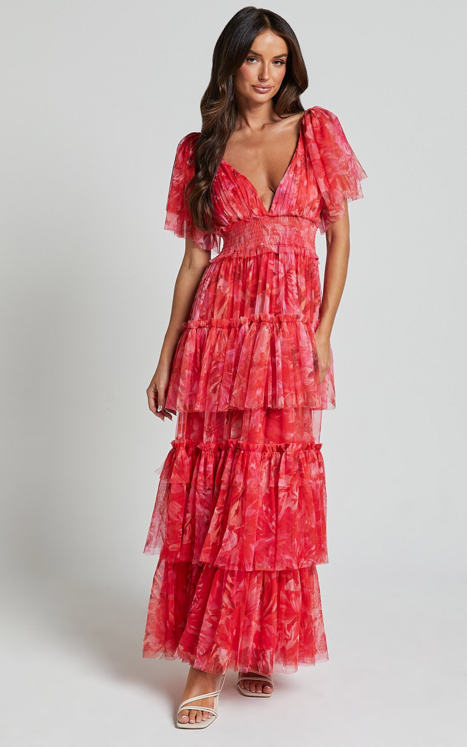 Leianna Midi Dress - Tulle Flutter Sleeve Tiered Ruffle Dress in Sunset Floral