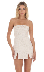Strapless Foiled Floral Double Slit Dress in Cream