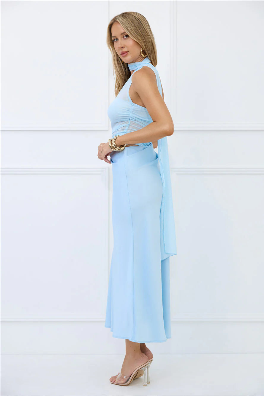 Sapphire Diva Halter Mesh Satin Maxi Dress Blue