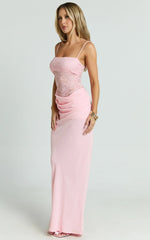 Rania Maxi Dress Contrast Lace Bodice Bias Cowl Drop Waist Dress in Pink