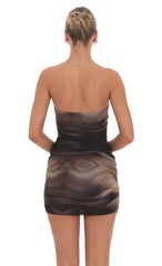 Swirl Mesh Strapless Bodycon Dress in Brown