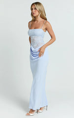 Rania Maxi Dress Contrast Lace Bodice Bias Cowl Drop Waist Dress in Soft Blue