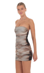 Swirl Mesh Strapless Bodycon Dress in Brown