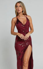 Out Till Dawn Maxi Dress Thigh Split Dress in Wine Sequin