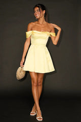 Rhylee Light Yellow Satin Lace-Up Off-the-Shoulder Mini Dress