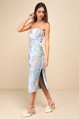 Upgraded Event Blue Jacquard Strapless Bustier Midi Dress