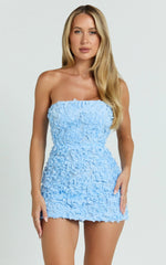 Strapless 3D Floral Lace Up Back Dress in Pale Blue