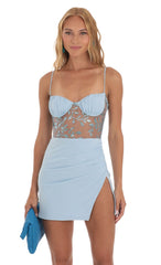 Embroidered Shimmer Cutout Mini Dress in Blue