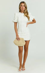 Laila Mini Linen Blend Dress High Neck Side Cut Out Puff Sleeve Straight Dress in Off White