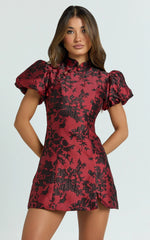 Mackay Mini Dress Jacquard High Neck Puff Sleeve Dress in Red
