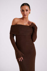 Marcel Off Shoulder Diamante Maxi Dress - Gunmetal/Chocolate
