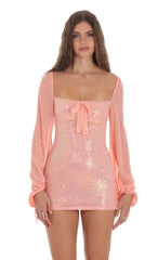 Sequin Balloon Sleeve Bodycon Dress in Coral