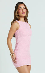 Eira Mini Dress Lace Boat Neck Bodycon Dress in Pink