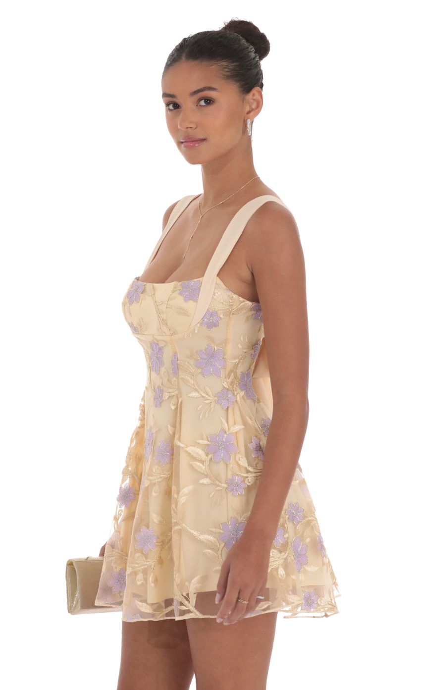 Embroidered Floral Fit and Flare Dress in Gold