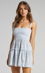 Wilda Mini Dress - Shirred Tiered Dress in Light Blue Gingham