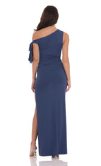 Off Shoulder Tie Strap Maxi Dress in Blue