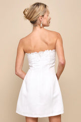 Unforgettable Icon White Satin Strapless Floral Mini Dress