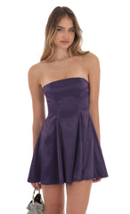 Strapless Satin Fit and Flare Dress in Purple