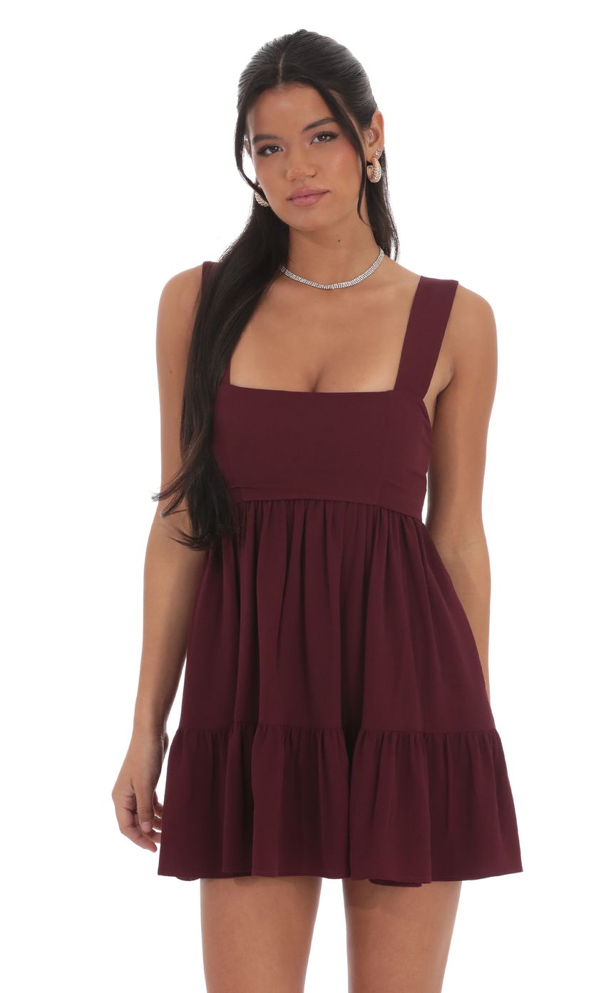 Square Neckline Babydoll Dress in Burgundy