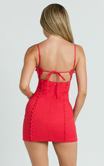 Gigi Mini Linen Dress - Sweetheart Tie Back Scallop Detail Dress in Red