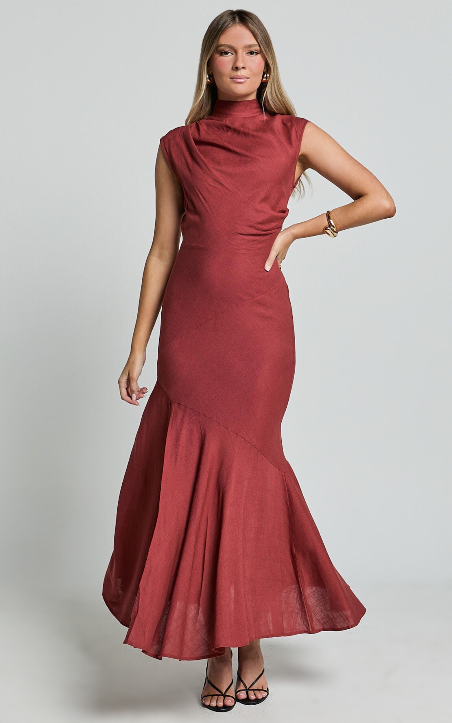Arielle Maxi Linen Dress - High Neck Thigh Split Slip Dress in Rust
