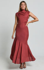 Arielle Maxi Linen Dress - High Neck Thigh Split Slip Dress in Rust