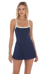White Trim A-line Romper in Navy