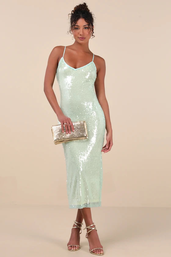 Cahya Mint Green Sequin Tie-Back Midi Dress