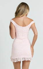 Judai Mini Dress Lace Off Shoulder A Line Dress in Pink