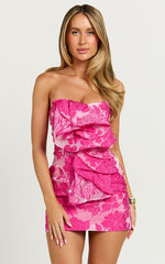 Amalie The Label - Frederika Strapless Ruffle Detail Jacquard Mini Dress in Hot Pink