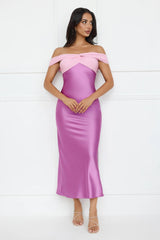 Luxe And Lavish Off Shoulder Satin Maxi Dress Purple