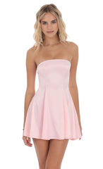 Strapless Satin Fit and Flare Dress in Pink