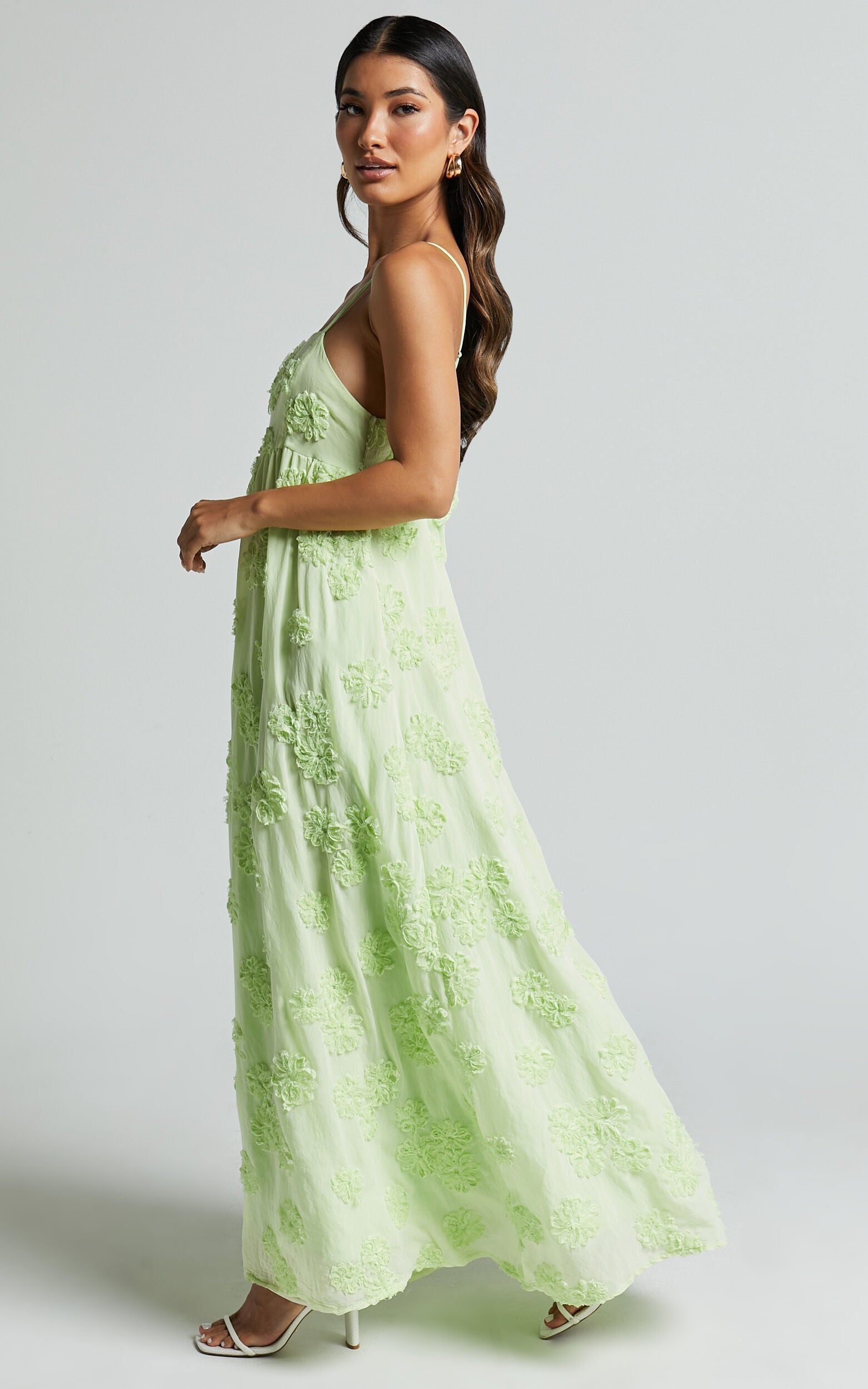 Claya Maxi Dress - Sleeveless Straight Neckline Floral Detail Dress in Lime