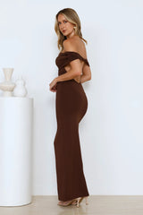 Soft Whispers Off Shoulder Maxi Dress Brown