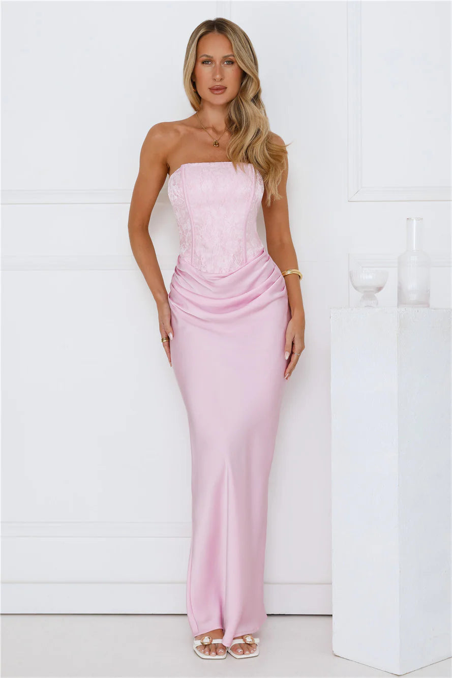 Dressed To Dazzle Strapless Satin Maxi Dress Pink