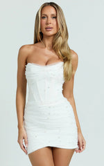 Kelsey Mini Dress Beaded Strapless Corset Panel Dress with Detachable Tulle Skirt in White