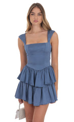 Satin Wide Strap Ruffle Dress in Denim Blue