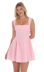 Embroidered Strap Fit and Flare Dress in Pink
