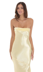 Strapless Satin Open Back Maxi Dress in Yellow
