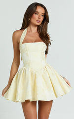 Maddy Mini Dress Square Neck Halter Fit And Flare Dress in Lemon