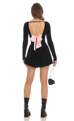 Velvet Satin Pink Tie Dress in Black