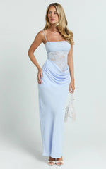 Rania Maxi Dress Contrast Lace Bodice Bias Cowl Drop Waist Dress in Soft Blue
