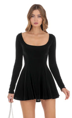 Velvet Satin Pink Tie Dress in Black