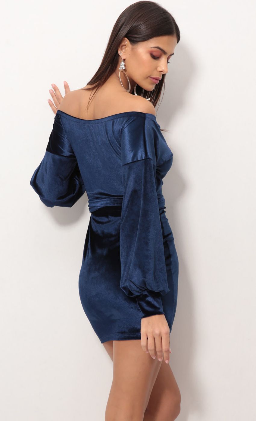 Off The Shoulder Velvet Dress in Navy