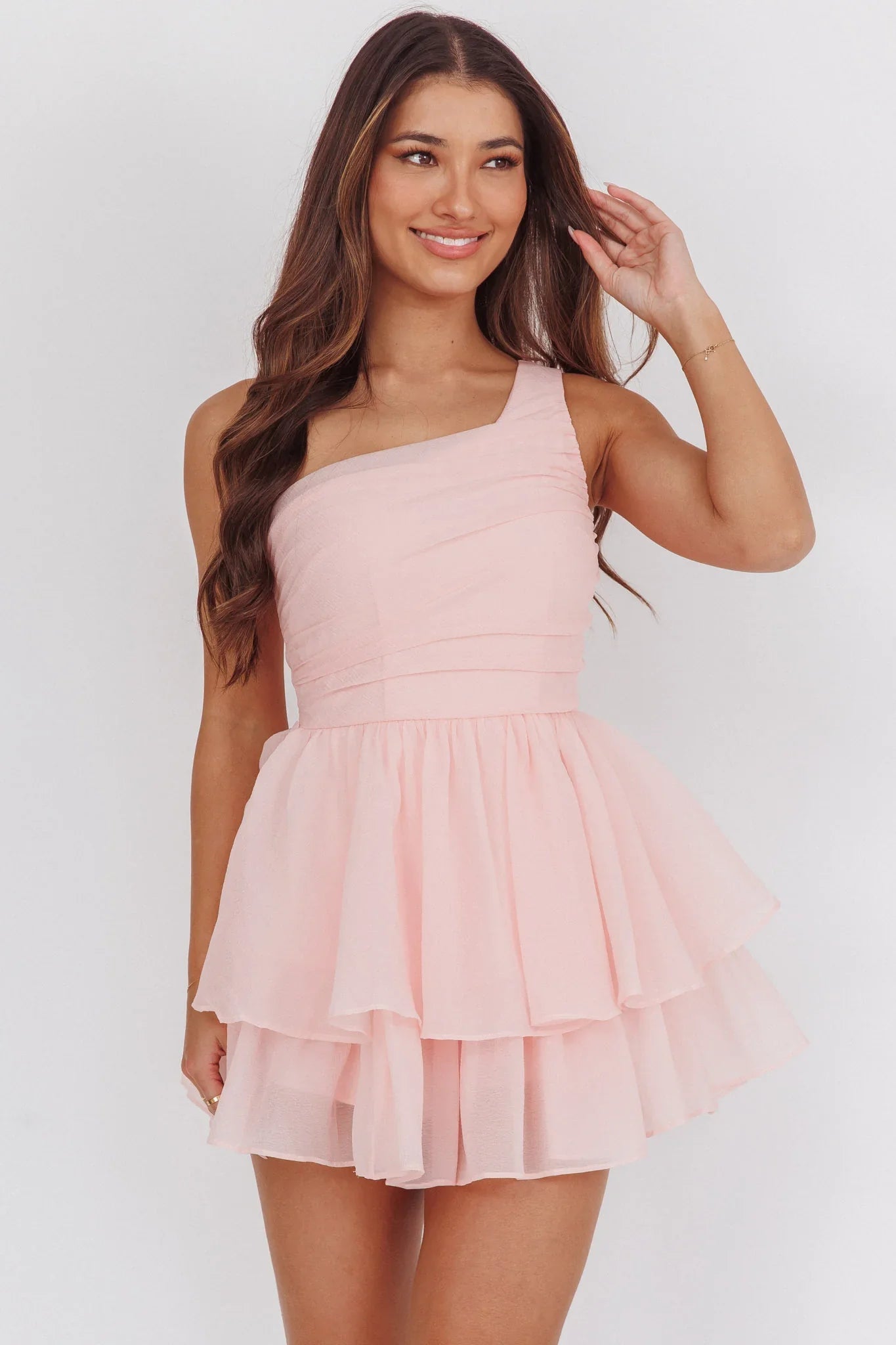 Raelene One-Shoulder Ruffle Romper Pink