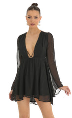 Chiffon Plunge Neck Dress in Black